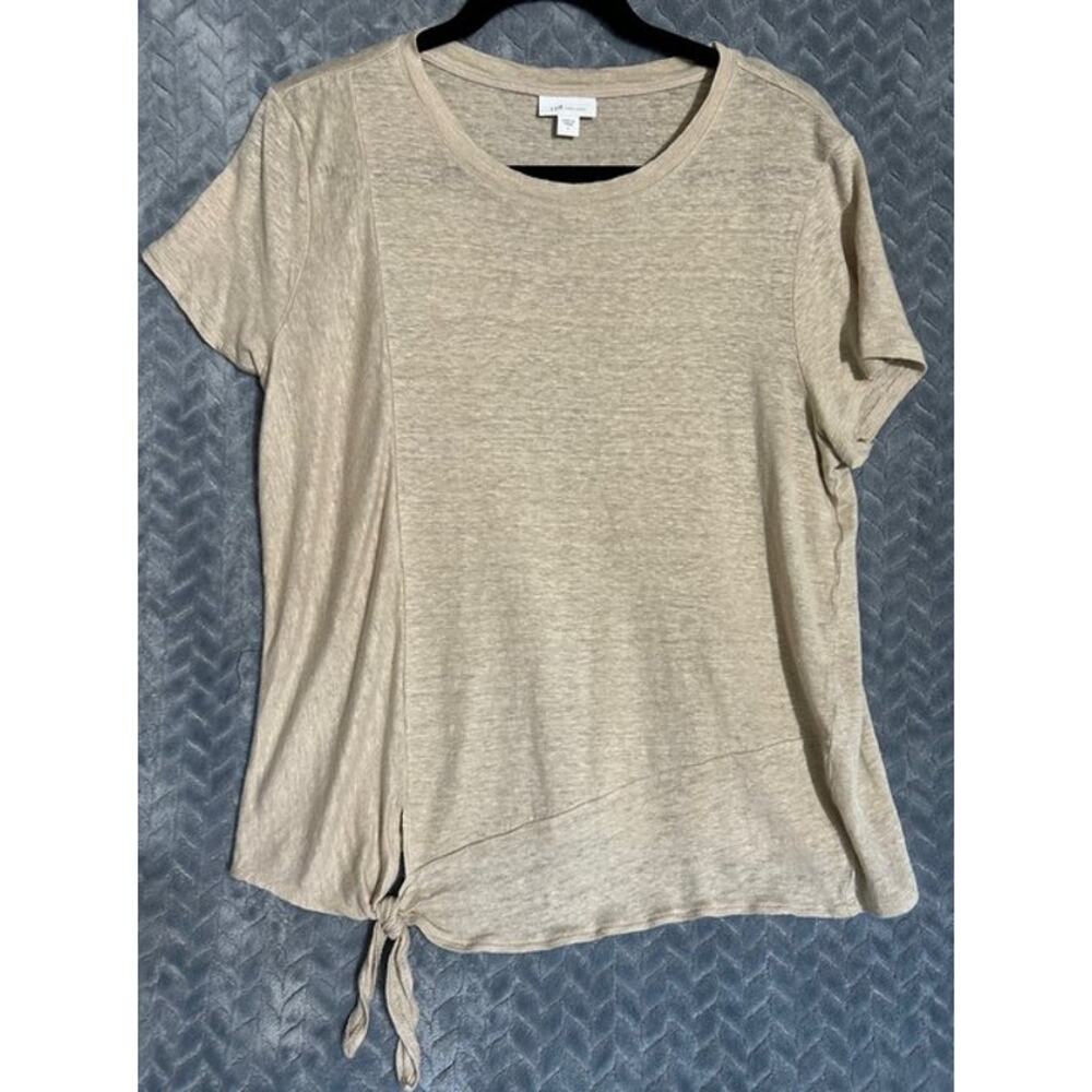 J Jill Love Linen Short Sleeve Top with Side Tie Sz L Tan Coastal Casual Shore